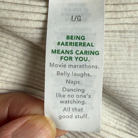 Aerie Long Sleeve Ribbed Knit Henley Top L Cream Casual Layer Bella Y2K Style - Picture 4 of 13